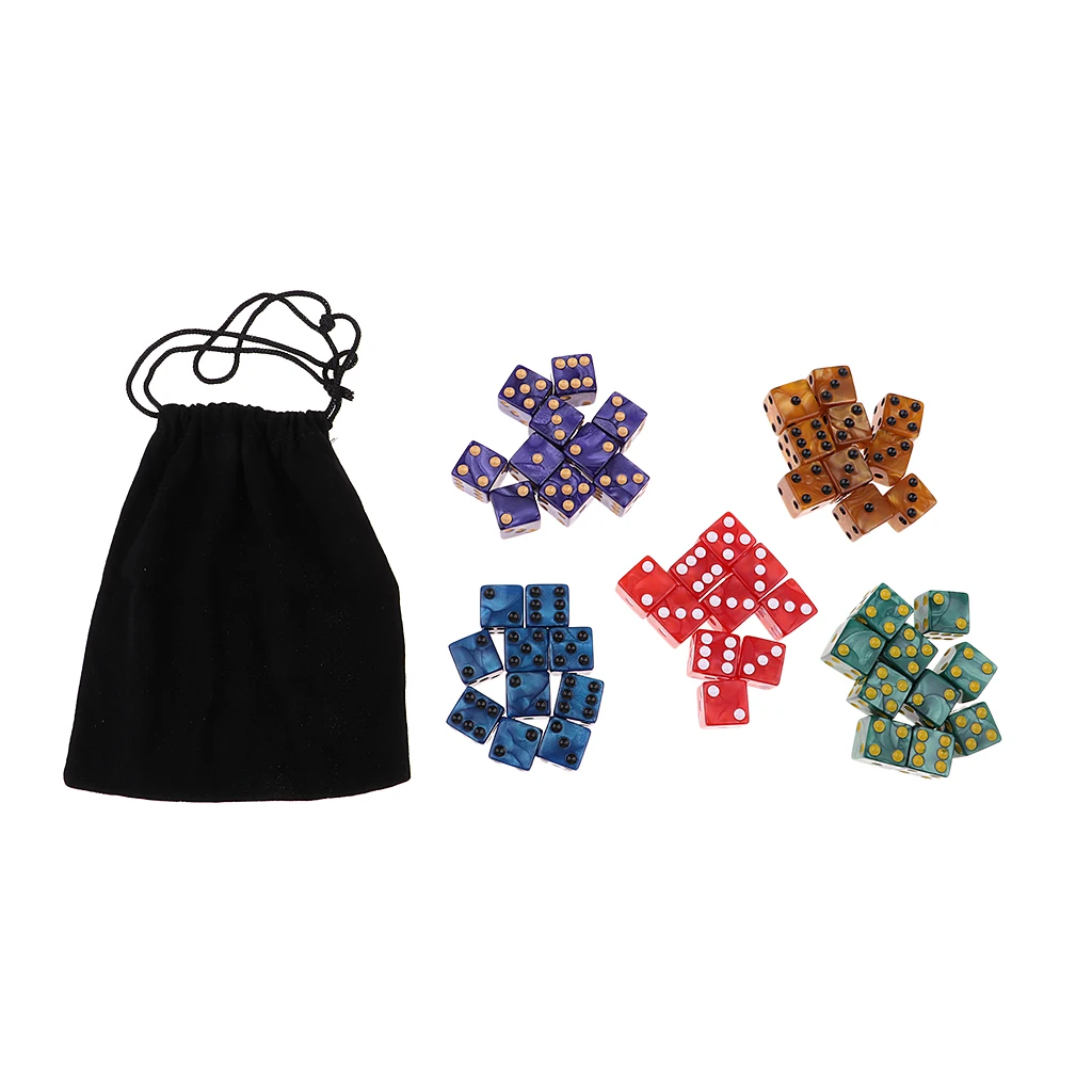 50x/Pack D6 Dice Spotted 5 Colors W Bag for Dungeons & Dragons Party Fun Toy Role Playing Game Dice
