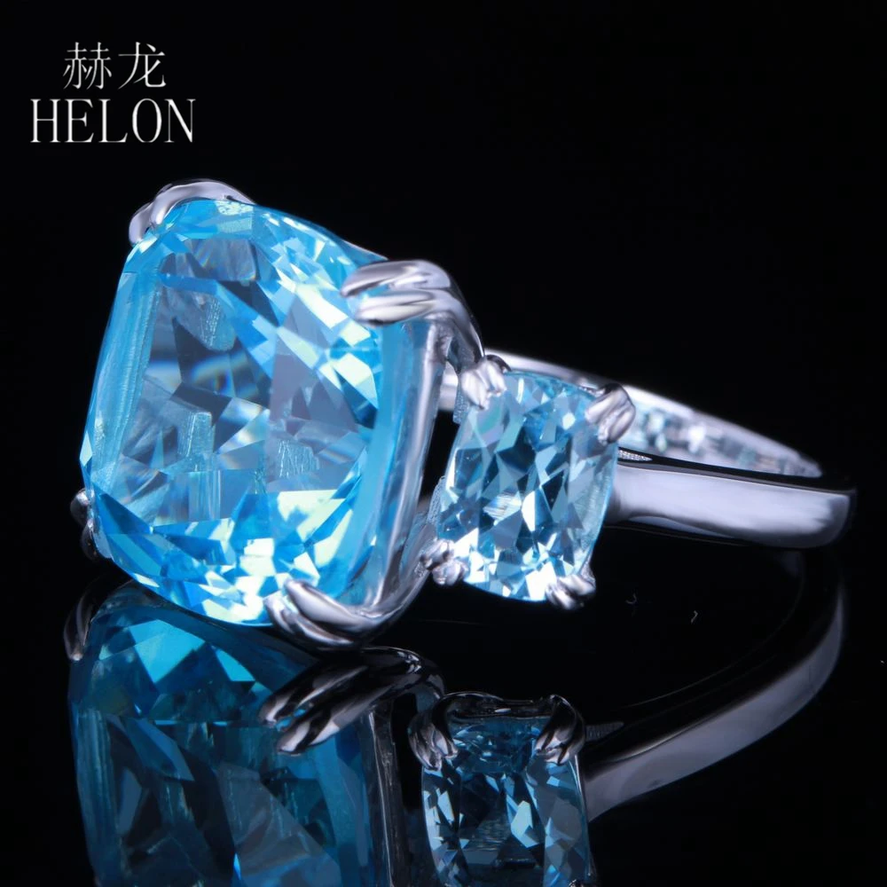 HELON Solid 10K белое золото 13.3ct зубчатый набор подлинный Небесно-Голубой топаз натуральный бриллиант обручальное свадебное кольцо для вечеринки ювелирные изделия