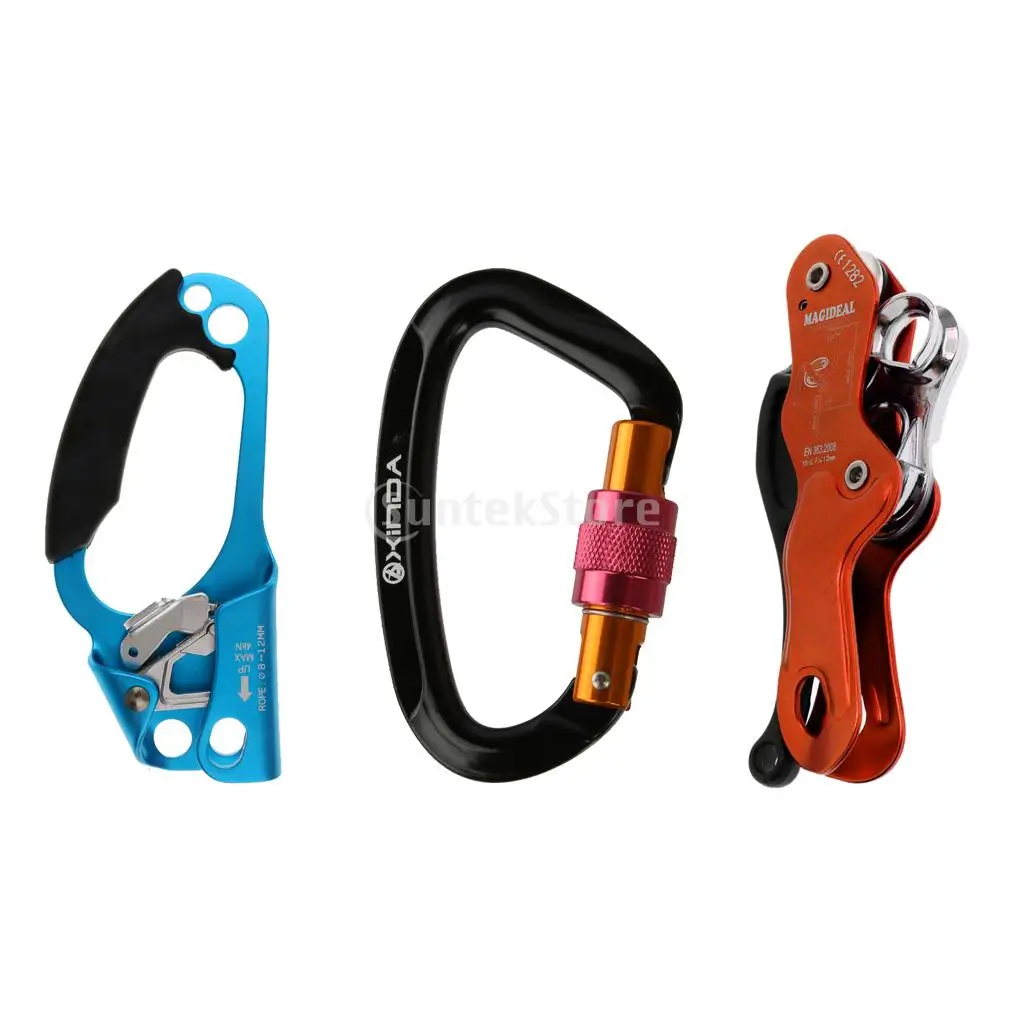 

Rock Climbing Tree Arborist Rappelling Rescue Self Braking Stop Descender + Right Hand Ascender + 24KN Screwgate Lock Carabiner