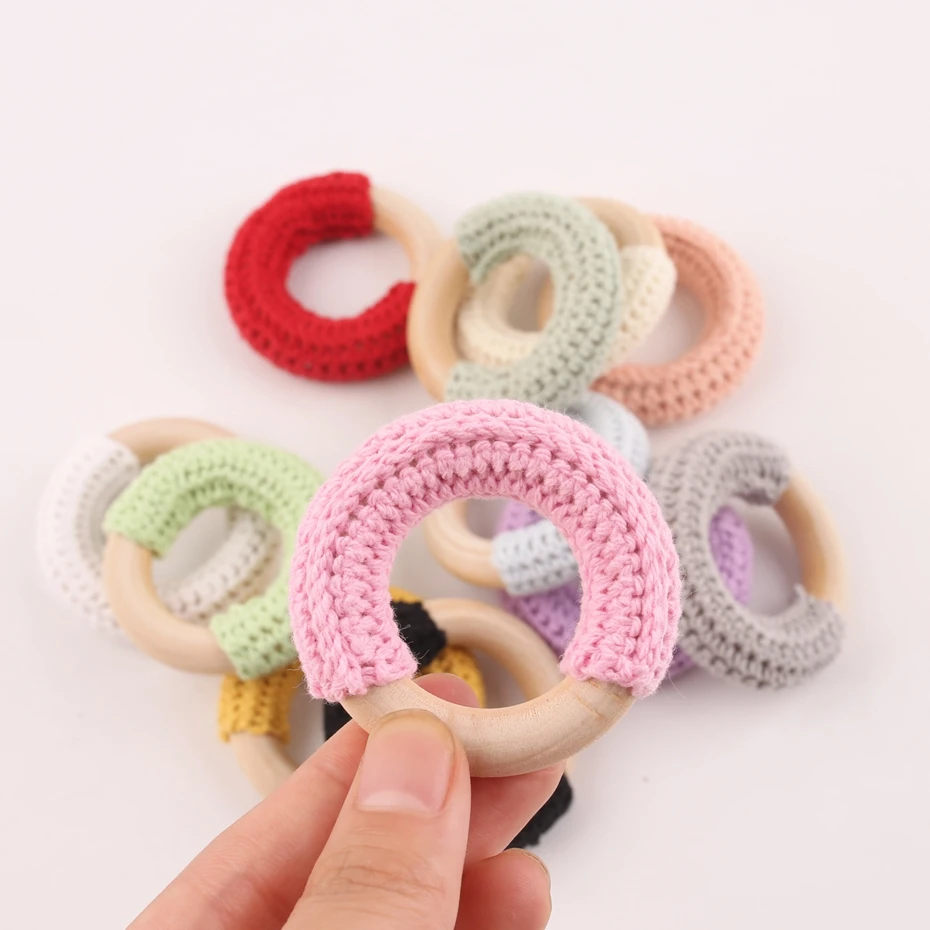 20pcs 50mm Wood Teether Crochet Wood Ring 12 Color Safe Newborn Kids