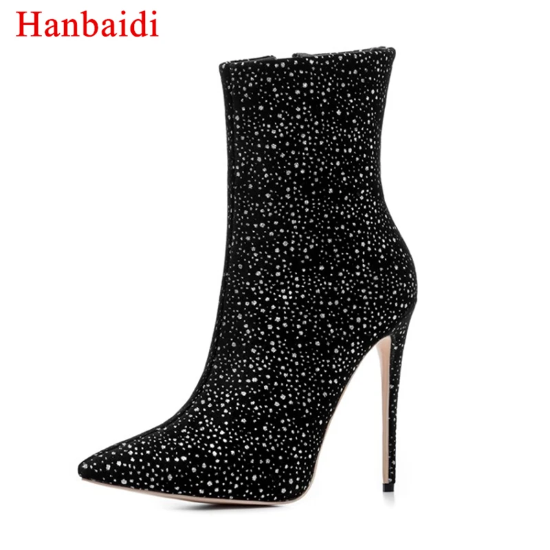 

Hot Sale Women Ankle Boots Luxury Design Rhinestone Women Outdoor Shoes Soild Black Pointed Toe Zip Runway Party Shoes Women 43