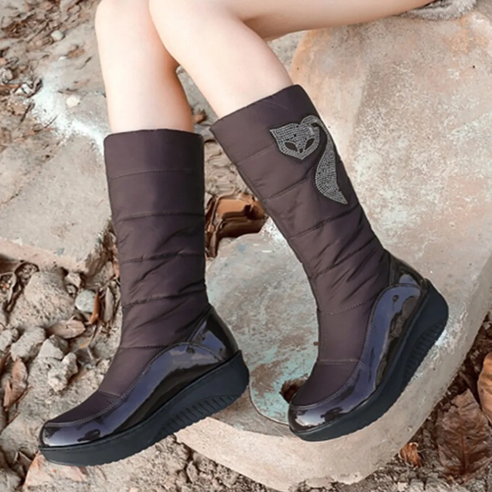

Women Winter Snow Boot 2019 Mid-Calf Tube Boots Stylish Round Toe Mid Heels Wedges Outdoor Climbing Skiing Warm Shoes Platform
