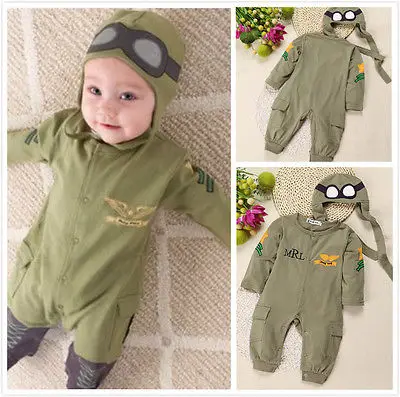 

2 Pcs Summer Autumn Baby Kids Boy Infant Pilot Letter Printed Cotton Romper+Cap Jumpsuit Outfits Set Clothes 6-24M