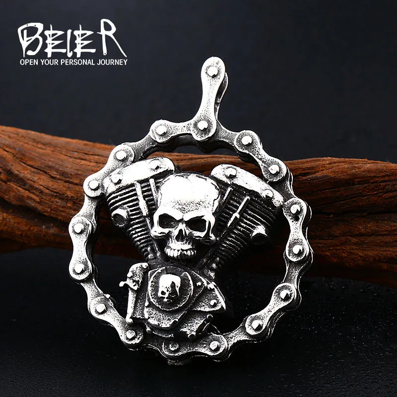 

Beier new store Stainless Steel Vintage Skull Pendant Fashion Motorcycle Chain Men's High Quality Gift LLBP8-348R