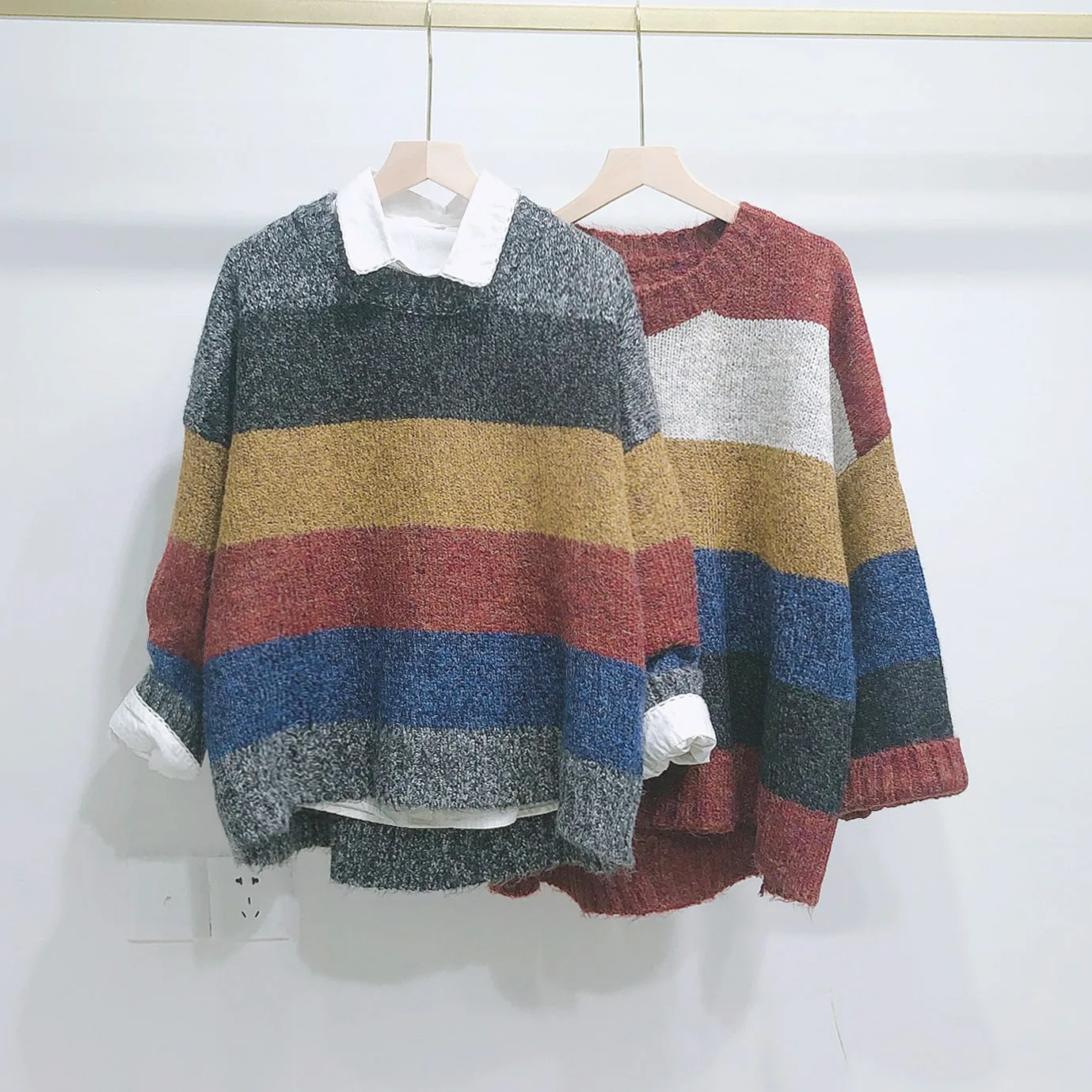 

Women Autumn Winter Retro Sweaters Ladies Patchwork Contrast Color Knitwear Knitted Pulloers Tops Female 2019 Knit Shirt Sweater