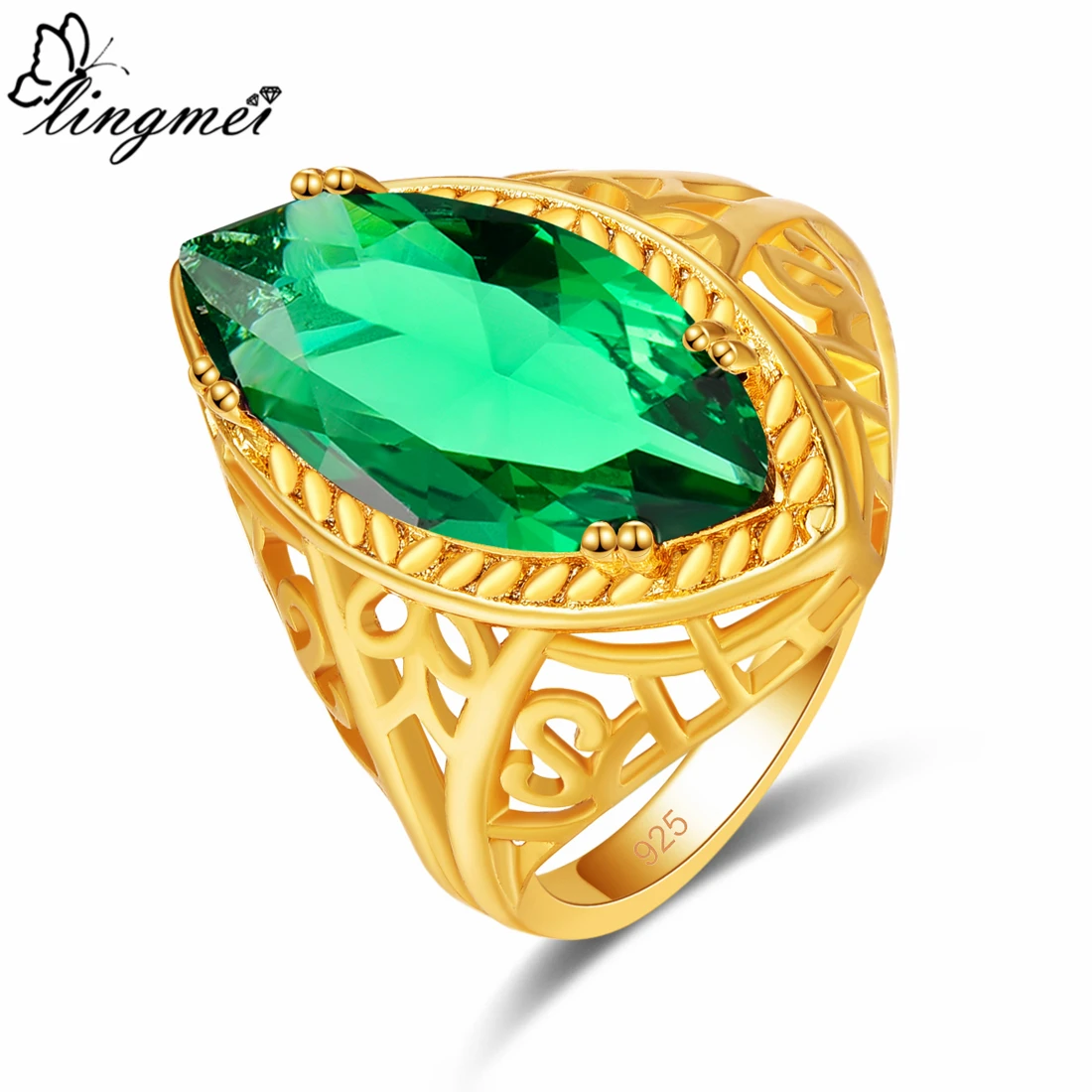 

lingmei Fashion Engagement Marquise Cut Solitaire Style Green Cubic Zircon Silver & Yellow Gold Color Ring Size 6 7 8 9