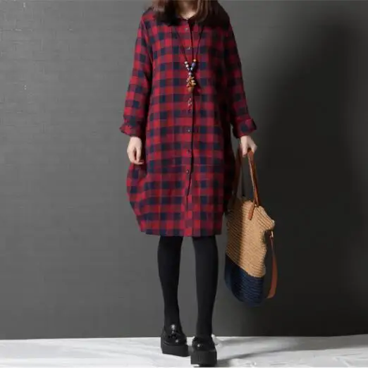 

Lady Loose Vintage Dress New Spring Autumn Women Long Sleeve Red,Green Plaid Shirt Dresses