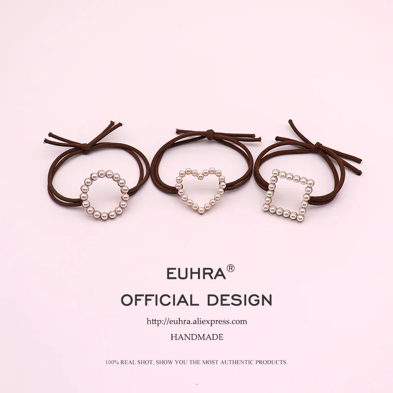 

EUHRA 6 Colors Elastic Pearl Inlay Shape Heart Square Round For Women Hair Band Kid Children Rubber Band High Elasticity