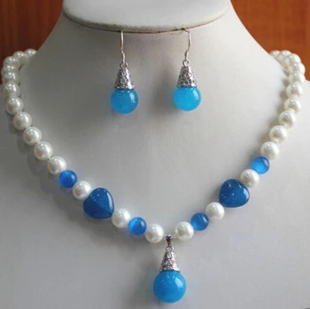 

free shipping 07877 White/Blue Pearl/Jade Necklace Hook Earring Pendant set (A0423)