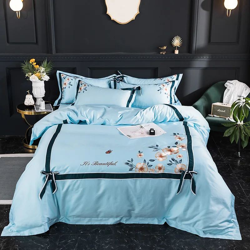 cheap 600TC Luxury Embroidery Egyptian Cotton Princess Style Wedding Bedding Set Duvet Cover Bed sheet Pillowcase Queen King Size #s