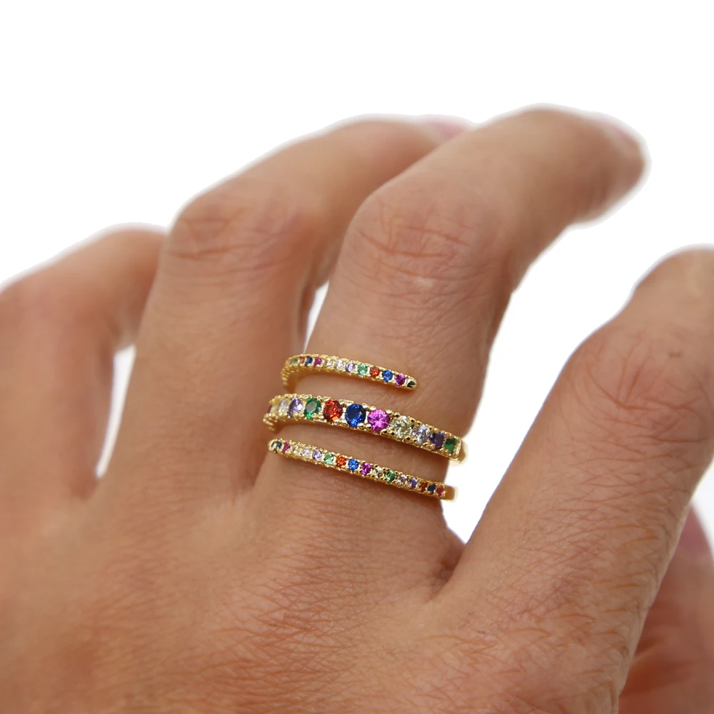 

US # 7 Gold color 2019 fashion women jewelry colourful cz line snake shape with multi rainbow cubic zirconia women finger rings