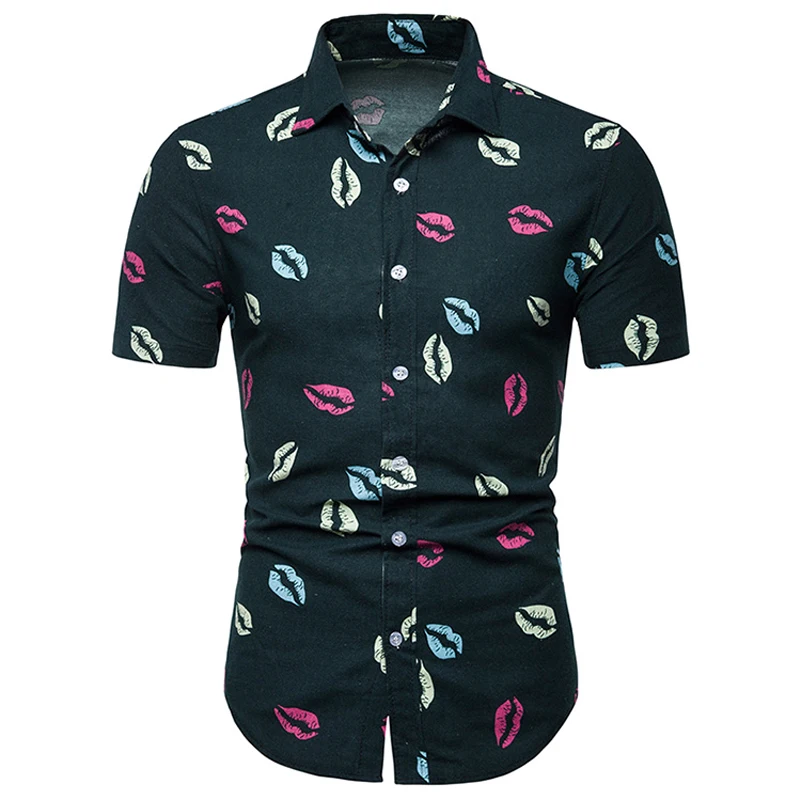 

Hot Sale Casual Mens Shirts Fashion Lady Temptation Lips Printed Linen Cotton Short Sleeve Shirts Male Social Streetwear Shirts
