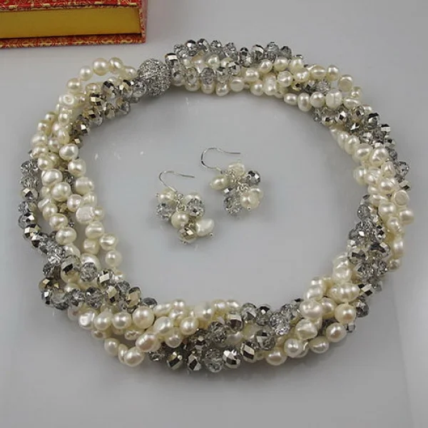 

Wedding Pearl Jewelry Set Five Rows AA 5-8MM Gray Crystal Natural Freshwater Necklace Earrings Rhinestone Magnet Clasp