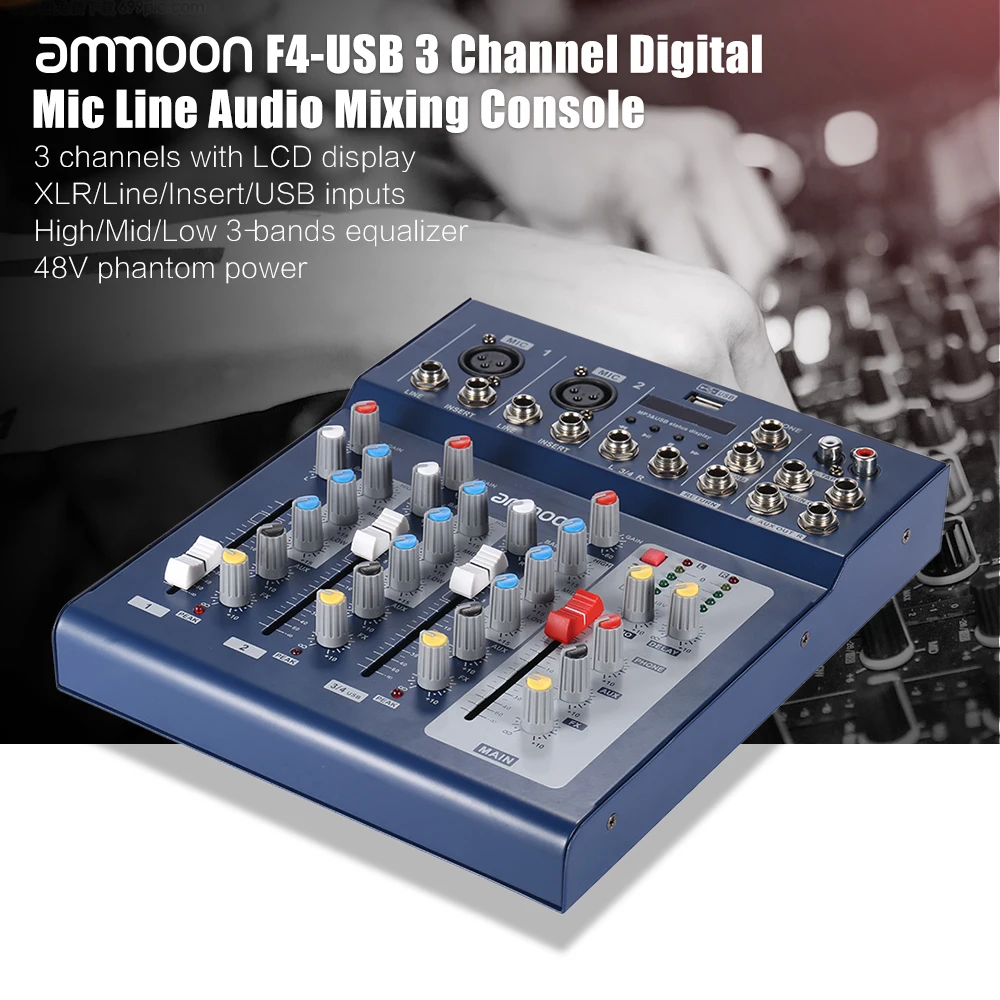 Ammoon F4-USB микшерный пульт 3 канала цифровой микрофон линия аудио микшер консоль с 48 В фантомное питание для записи DJ сцены