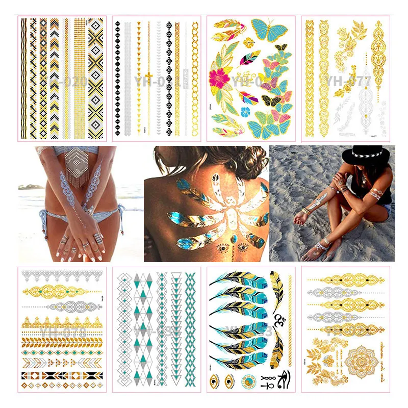 

1Pc Flash Boho Tattoo Metallic Gold Feathers Temporary Glitter Jewellery Fake Tattoo Sticker Festival Temporary Tattoos For Body