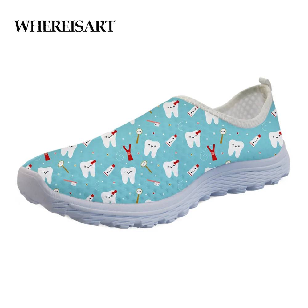 

WHEREISART 3D Cartoon Dental Print Casual Women Brand Flats Soft Summer Mesh Summer Slip-on Sneakers Super Light Loafers Shoes