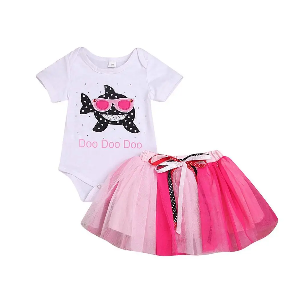 

Cute baby round neck suit Summer Baby Newborn Girl Short Sleeve Cartoon Shark Pattern Romper Short Mesh Skirts Costume A