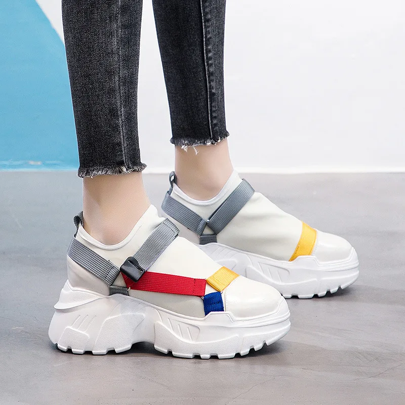 

Ultralight white sneakers 6CM 2019 New platform sneakers women Genuine Leather Comfortable Buckle off white shoes casual shoes