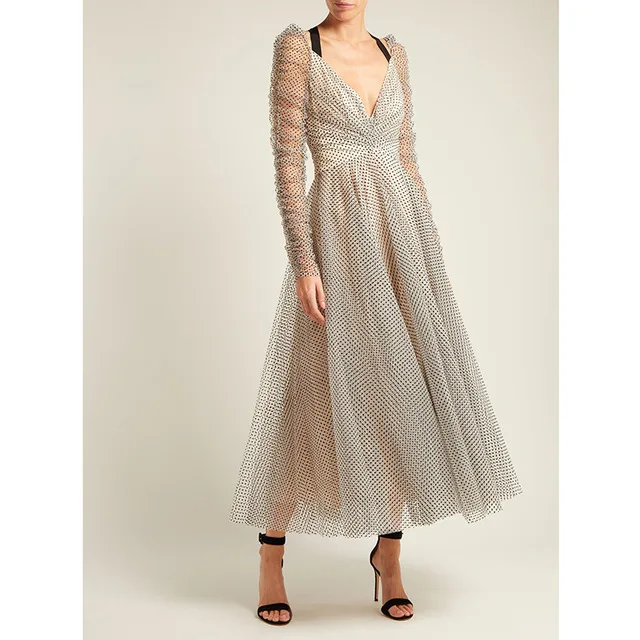 

2019 Deep V-neck Hanging neck Court princess wind Big umbrella Tempest Ballet polka-dot tulle dress Vintage