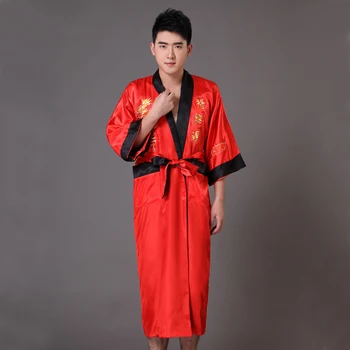 

Reversible Red Black Chinese Men's Satin Robe Tradition Embroidery Dragon Sleepwear Kimono Bath Gown S M L XL XXL XXXL MP068