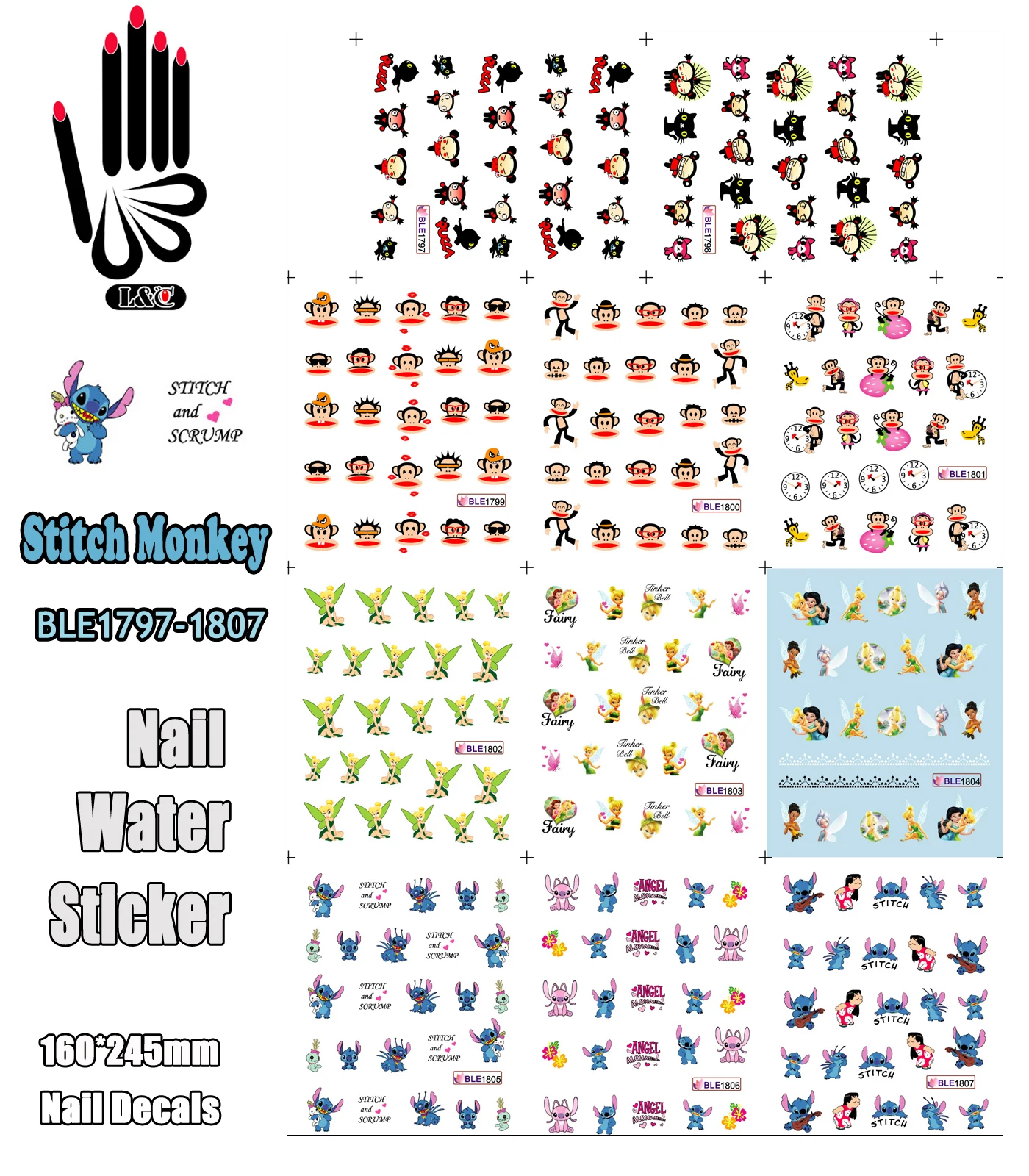 

11 Sheets/Lot Art Nail BLE1797-1807 Cartoon Stitch Monkey Pucca Nail Art Water Transfer Sticker For Nail(11 DESIGNS IN 1)