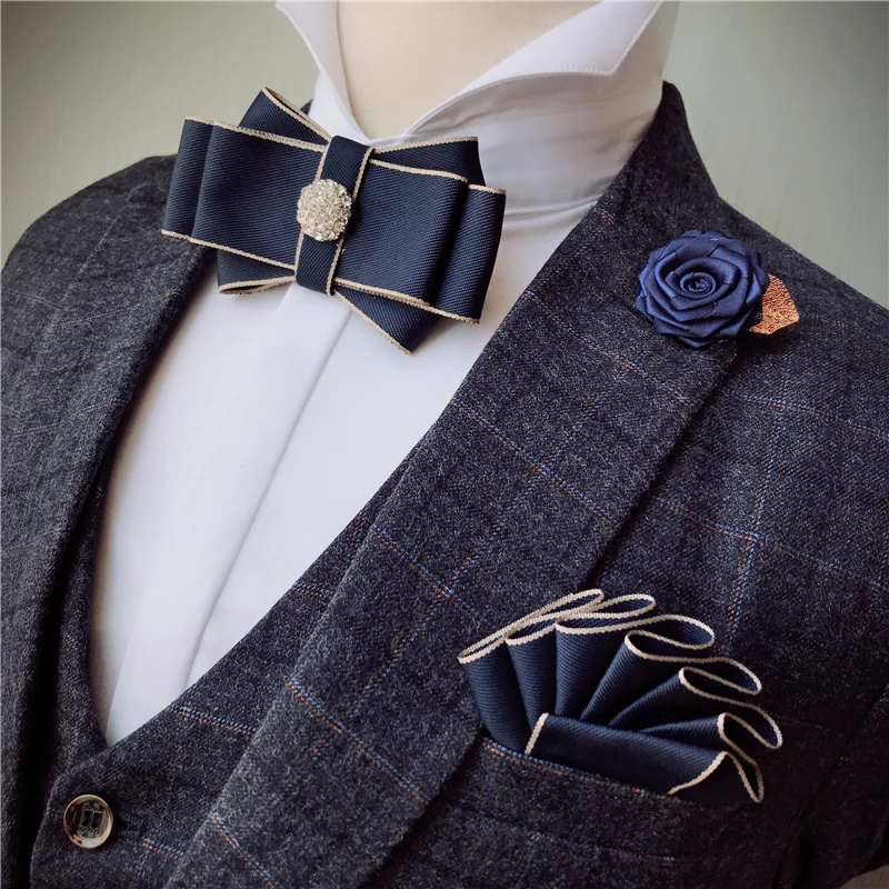 

Free Shipping New 2018 male men's man collar Korean Double-layered groom bow tie brooch pocket towel 3 pcs set dress wedding