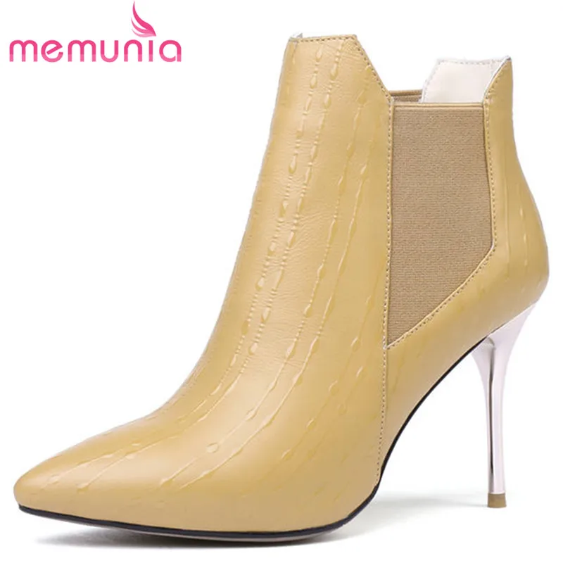 

MEMUNIA 2018 newest genuine leather shoes pointed toe short plush ankle boots autumn winter sexy high heels boots women