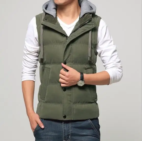 2018 Men Casual Vest Winter Warm Coat Hat Detachable Men Waistcoat Sleeveless Jacket Gilet homme Solid Outwear Vest Men