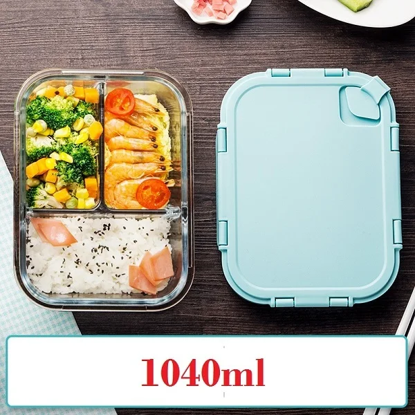 Корейский стиль Ланч-бокс стеклянный микроволновый Bento box Коробка для хранения еды школьные контейнеры для еды с отделениями герметичная коробка для обеда - Цвет: Three Compartments