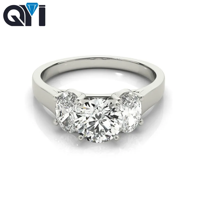 

QYI 925 Silver Luxury Engagement Ring 1 ct Round Cut Three stones Trendy Jewelry Brand Wedding Rings for Women