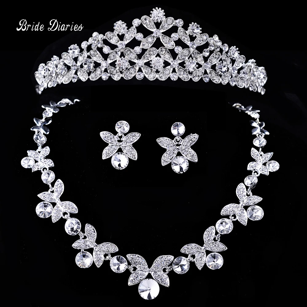 

Bride Diaries Bridal Flower Waterdrop Silver Color Rhinestone Bride 3pcs Set Necklace Earrings Crown Tiara Wedding Jewelry Set