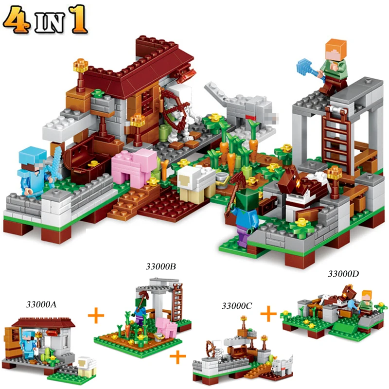 

Minecraft Action Figures 390pcs 4 in1 Steve Farm Village Compatible Building Blocks Brick Enlighten Kids Toys Gifts #E