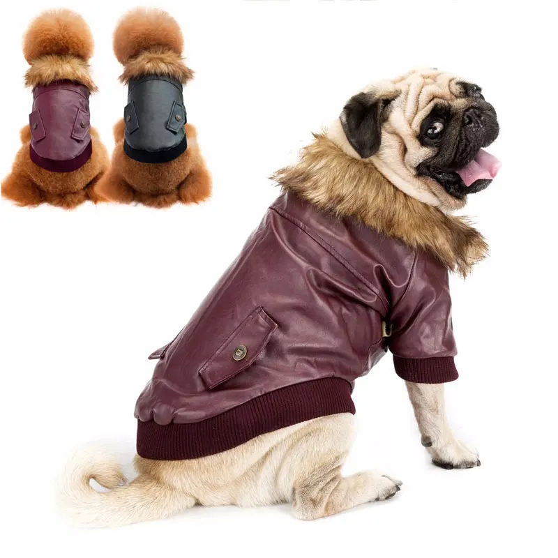 Winter PU Leather Dog Clothes Warm Faux Fur Collar Pet Dogs Coats for