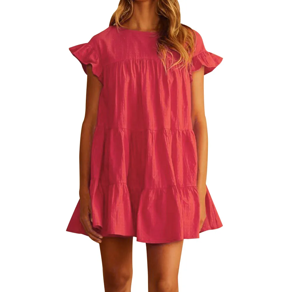 Милые платья бебидолл для девочек, женские повседневные Мини платья с оборками с коротким рукавом, с круглым вырезом на лето, однотонное свободное платье# T20 - Цвет: Red