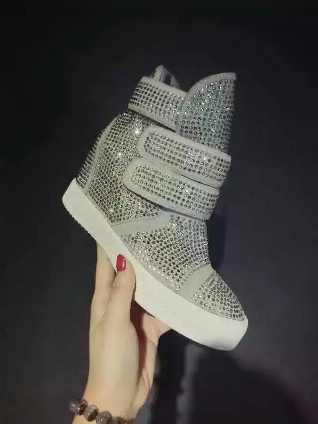 winter newest hook&loop woman wedge boots bling bling crystal embellished height increasing ankle boots platform casual shoes