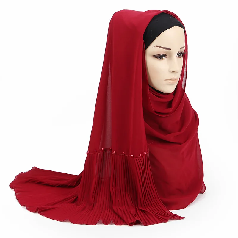 

2019 New Designer Red White Black Muslim Head Hair Chiffon Hijab Scarf Women Ladies Pearl Beaded Crinkle Wrinkle Scarves Foulard