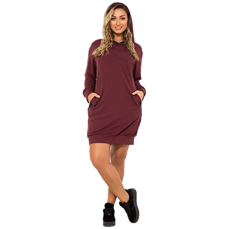 

Plus Size Women Hooded Dress Spring Autumn Warm Long Sleeve Solid Pockets Pullover Dress Casual Loose Short Sweatshirt Dre