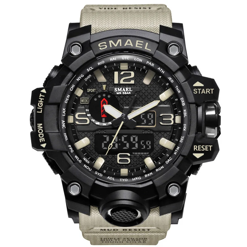 SMAEL Brand Men`s Sports Watches Dual Display Analog Digital Clock LED Electronic Quartz Wristwatches Waterproof Military Watch