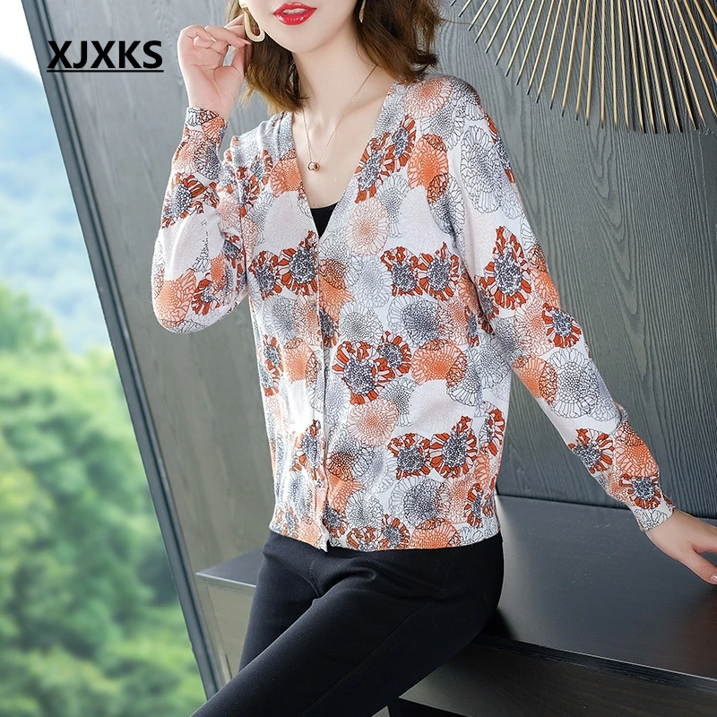 

XJXKS Women Sweater Autumn Fashion Plus Size Cardigan Women Cardigan Long Sleeve V-Neck Elegant Sweater Knitted Sweater