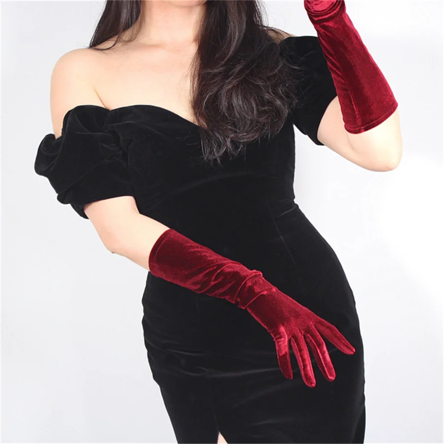Модные черные бархатные перчатки 50 см длинные секционные Над Локоть высокие эластичные черные Лебеди женские перчатки с сенсорным экраном RHS50