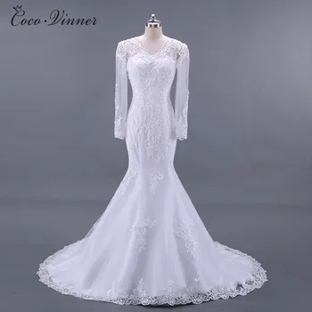 

Long Sleeves See Throught Back Elegant Mermaid wedding dresses vestido de noiva Lace Embroidery Bride wedding-dress W0217