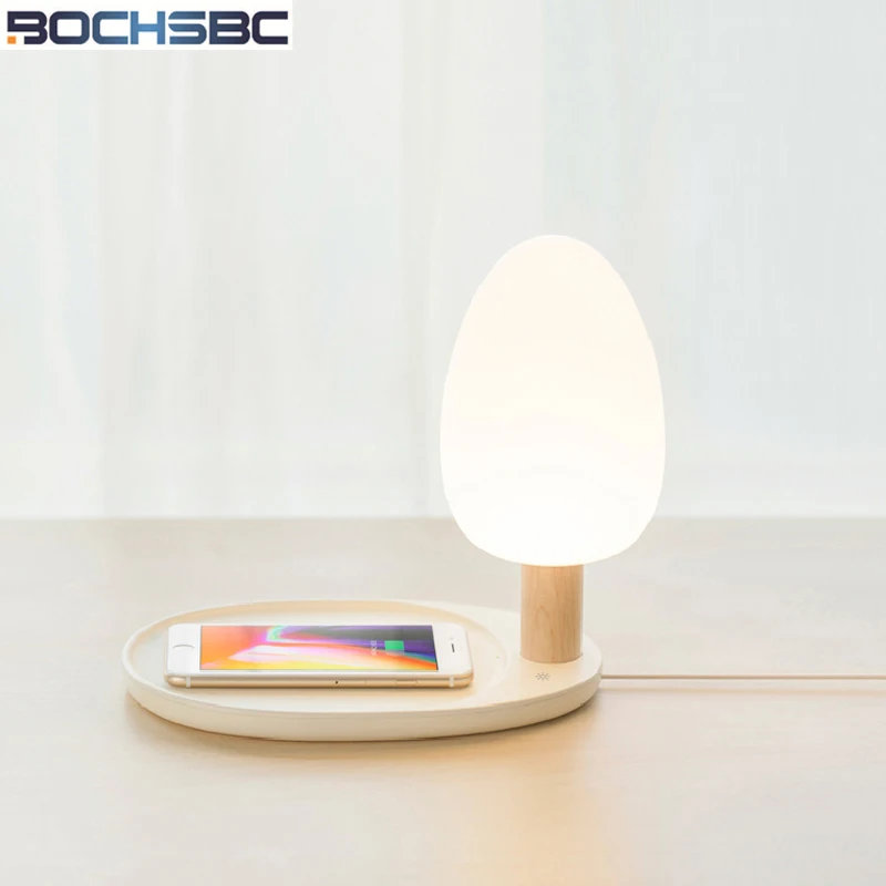 BOCHSBC Wooden Base Wireless Charger Desk Lamp for Bedroom