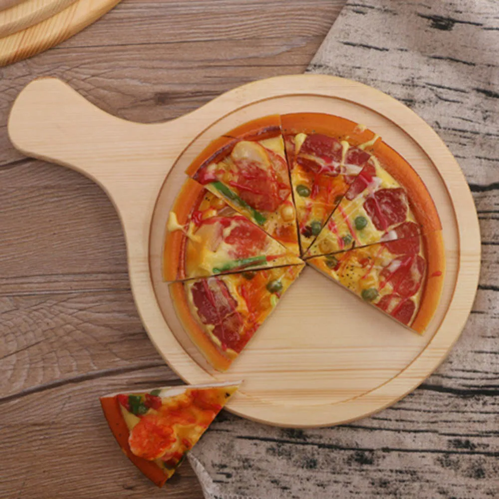 Wooden Pizza Pan board Round with Hand Pizza Baking Tray Pizza Stone Cutting Board Platter Pizza Cake Bakeware Tools