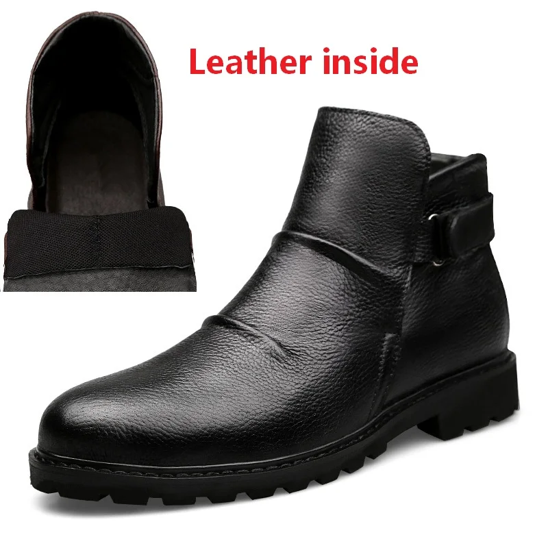Мужская зимняя обувь в байкерском стиле; ботильоны из натуральной кожи; зимние ботинки без застежки на резиновой подошве; повседневная обувь для мужчин; размеры 38-44 - Цвет: Leather inside black