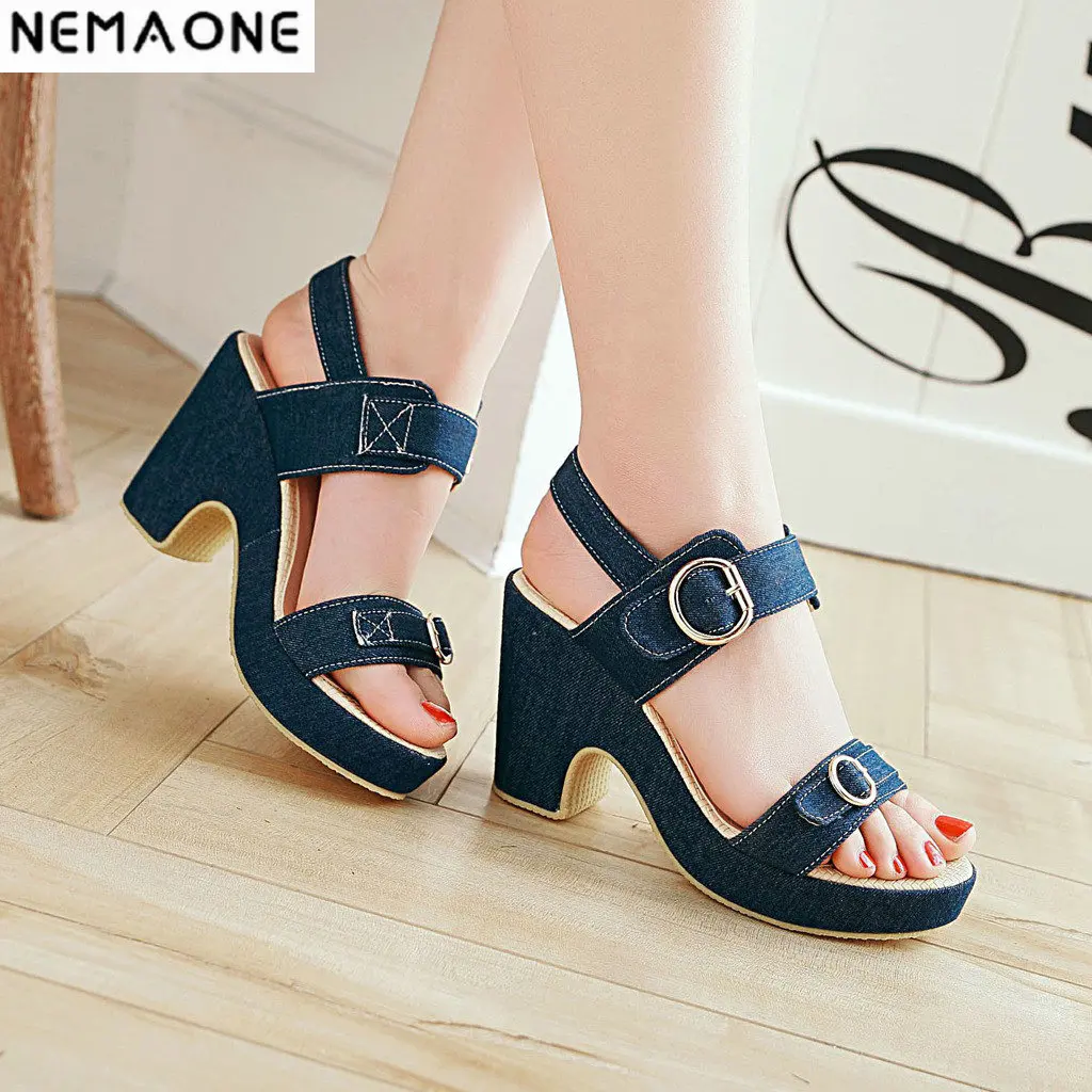 NEMAONE blue denim Concise women shoes buckle high heel sandals square ...