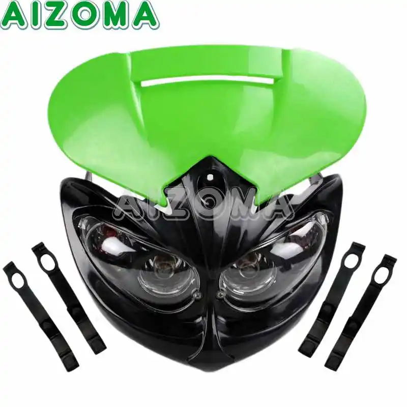 Black Motorcycle Universal Headlight 12v/20w Dual Sports Headlamp Fairing Kit For Honda Yamaha Suzuki Kawasaki Ducati Head Light - Цвет: Green