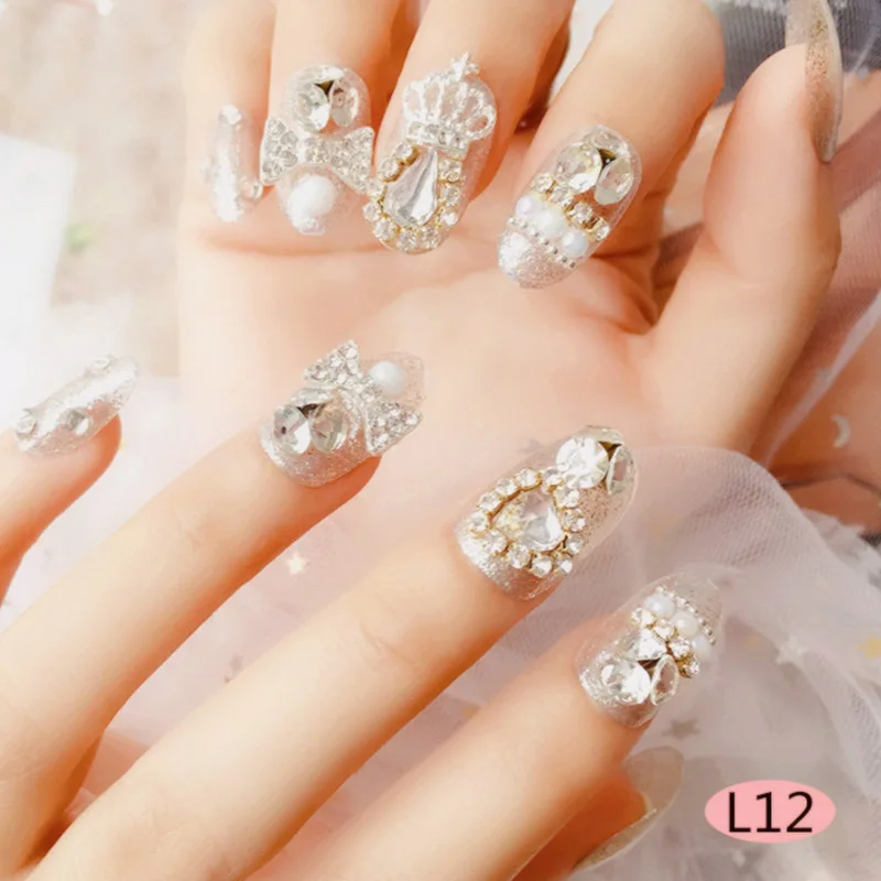 

DIY Full Cover Nail Art Tips with Glue Women 3D Shining Rhinestones False Nail Bridal Wedding New Design Luxury Artificial Nail