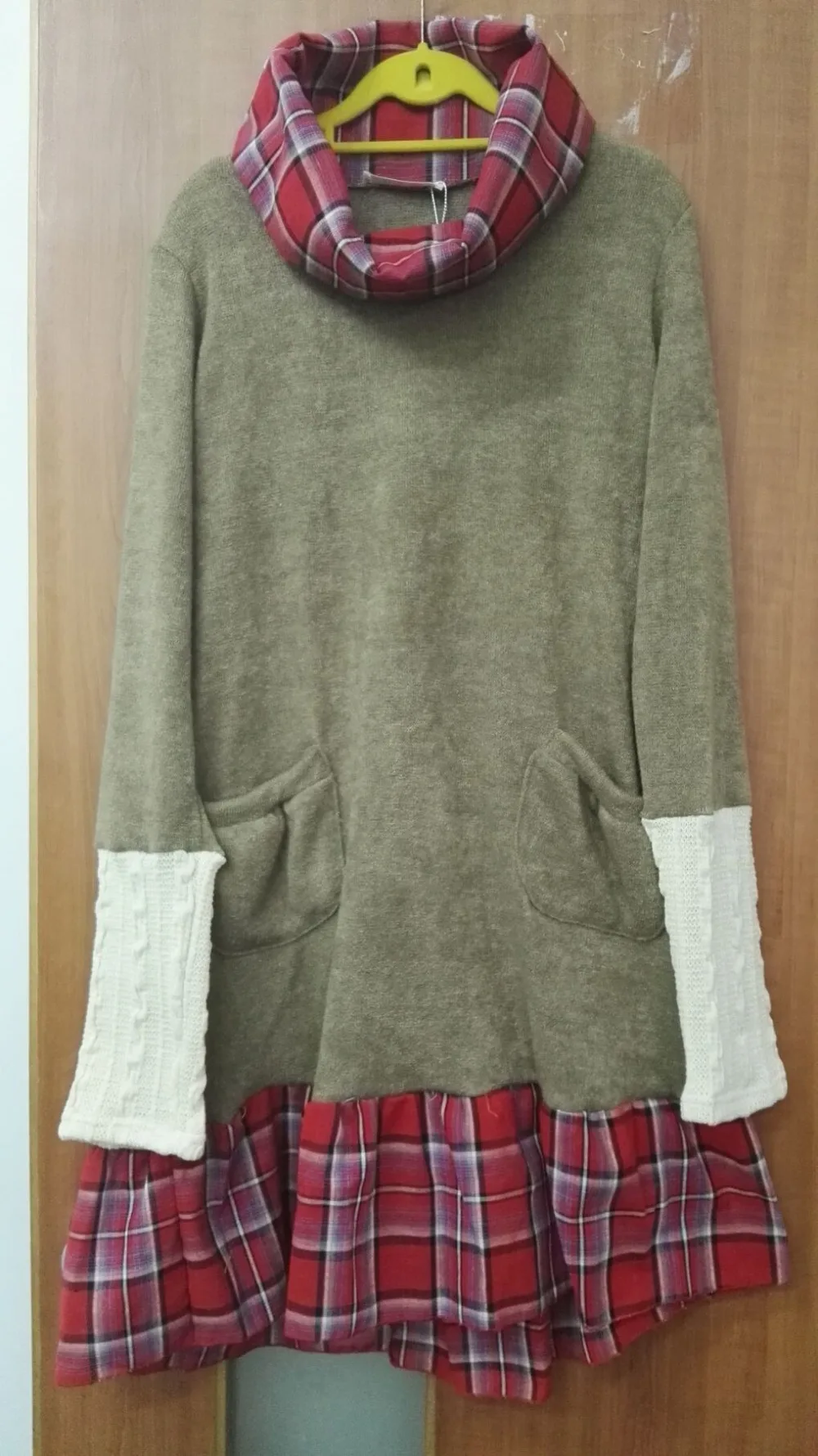 Осенне-зимнее хлопковое лоскутное клетчатое платье с карманами, имитация двух частей, с длинным рукавом, свободное повседневное женское винтажное платье-туника большого размера#16722
