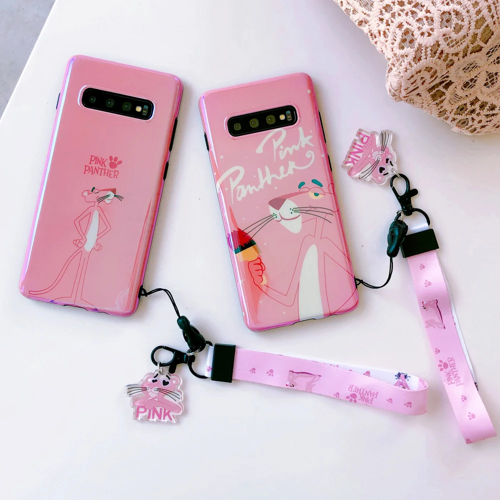 

Cartoon S10 Plus Cute Panther Case Soft Glossy Phone Cases for Samsung Galaxy S9 plus S8 note 9 8 Cover + Crystal Pendant Strap
