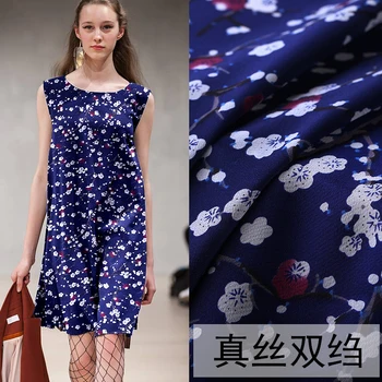 

New plum blue printed crepe de Chine mulberry silk clothing dress long skirt shirt fabric silk fabric natural silk special offer